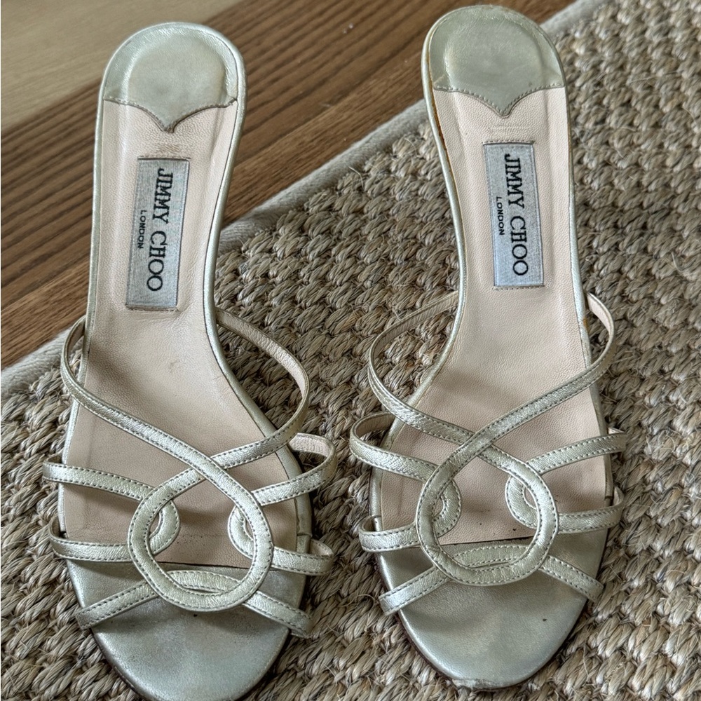 Jimmy Choo Vintage Champagne Leather Strappy Kitten Heel